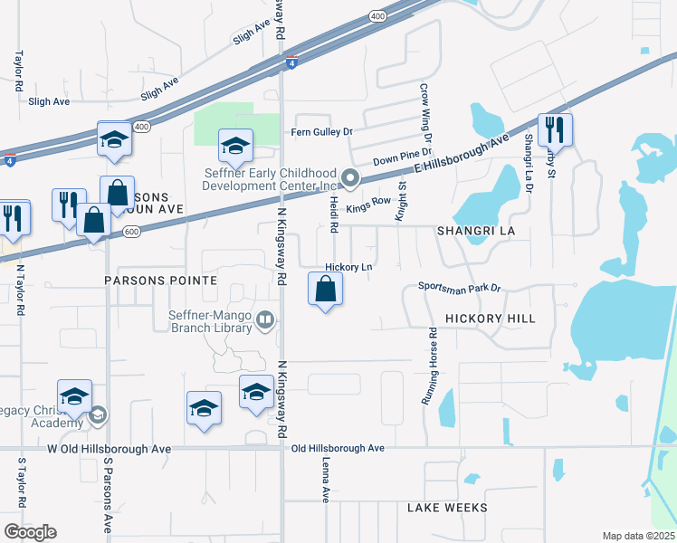 map of restaurants, bars, coffee shops, grocery stores, and more near 203 Hickory Lane in Seffner