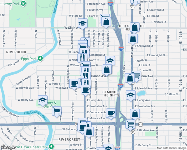 map of restaurants, bars, coffee shops, grocery stores, and more near 206 East Hanna Avenue in Tampa