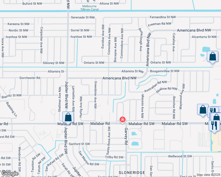 map of restaurants, bars, coffee shops, grocery stores, and more near 237 Consolata Avenue Northwest in Palm Bay