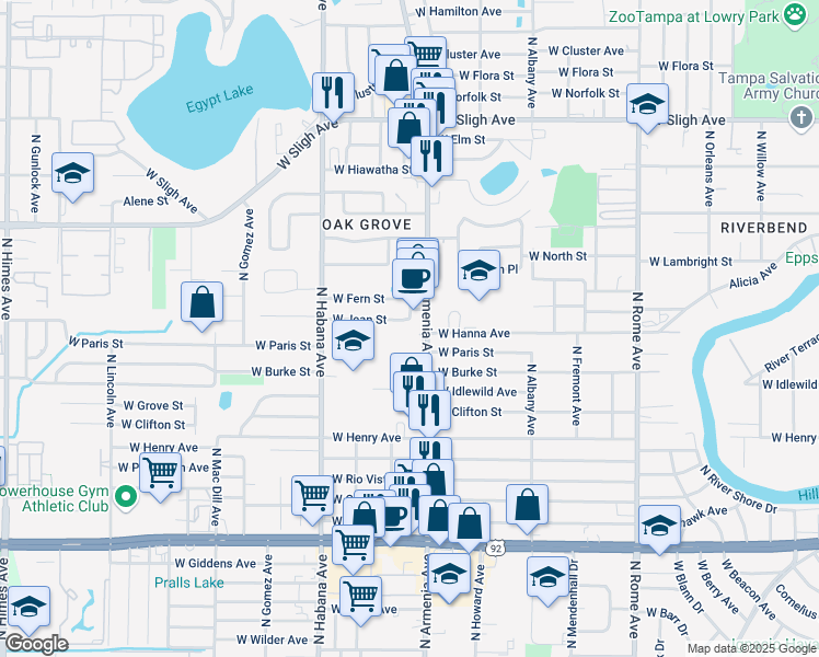 map of restaurants, bars, coffee shops, grocery stores, and more near 2508 West Jean Street in Tampa