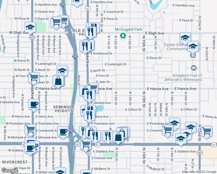 map of restaurants, bars, coffee shops, grocery stores, and more near 1020 East Hanna Avenue in Tampa