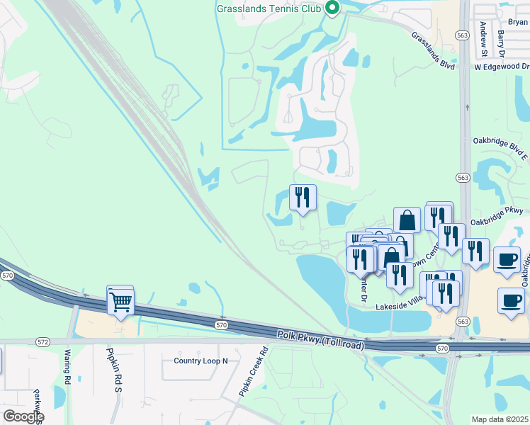 map of restaurants, bars, coffee shops, grocery stores, and more near 3495 Turnberry Drive in Lakeland