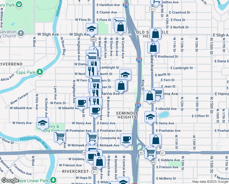 map of restaurants, bars, coffee shops, grocery stores, and more near 312 East Hanna Avenue in Tampa