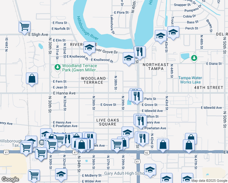 map of restaurants, bars, coffee shops, grocery stores, and more near 6202 North 38th Street in Tampa