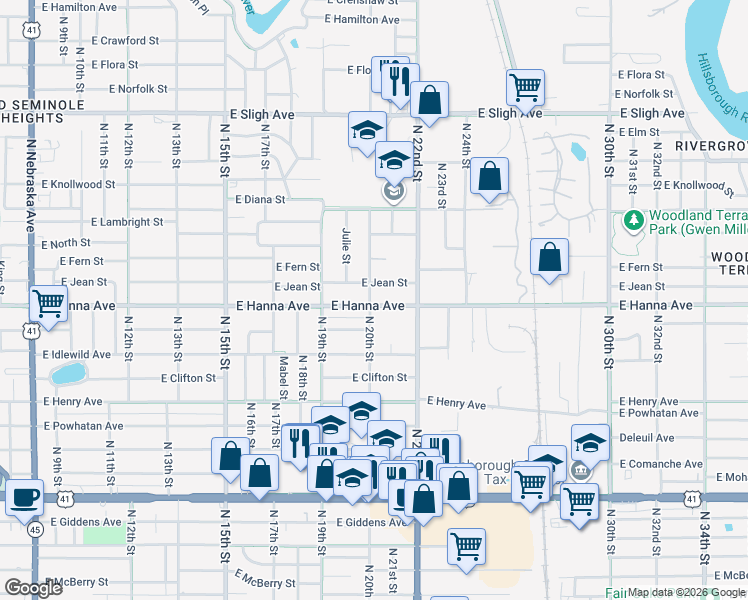 map of restaurants, bars, coffee shops, grocery stores, and more near 2002 East Hanna Avenue in Tampa