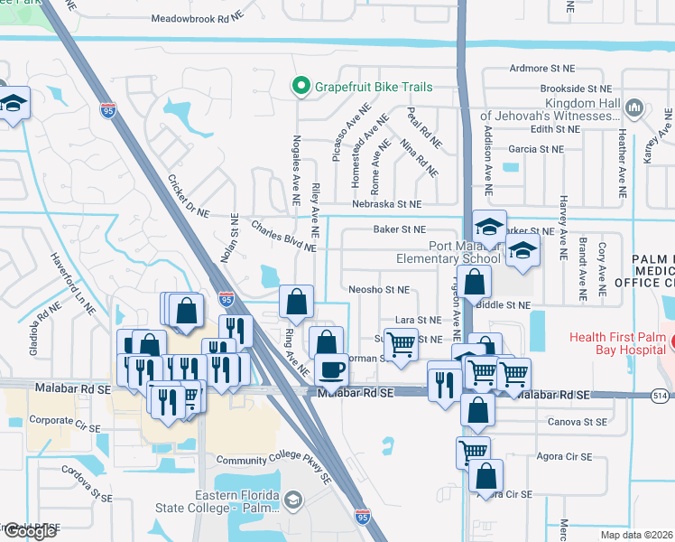 map of restaurants, bars, coffee shops, grocery stores, and more near 260 Ritter Avenue Northeast in Palm Bay