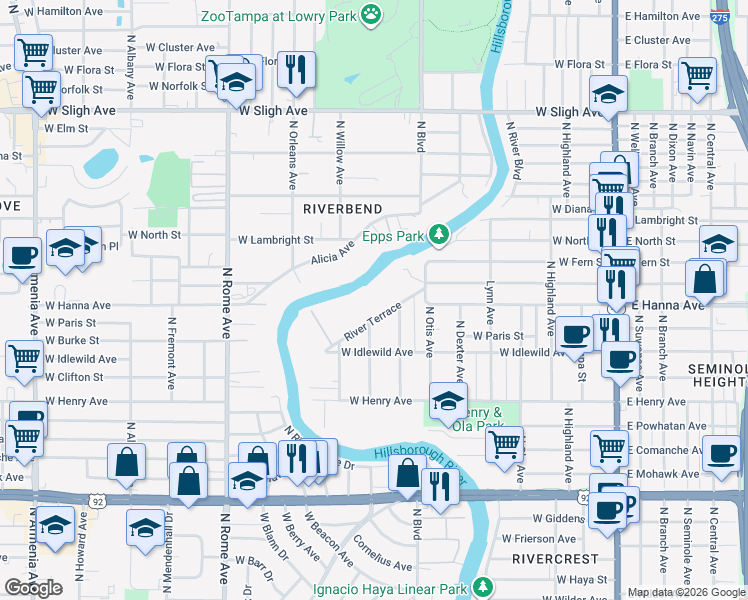 map of restaurants, bars, coffee shops, grocery stores, and more near 6104 River Terrace in Tampa