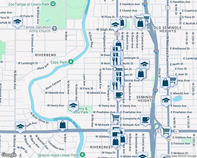 map of restaurants, bars, coffee shops, grocery stores, and more near 303 West Hanna Avenue in Tampa