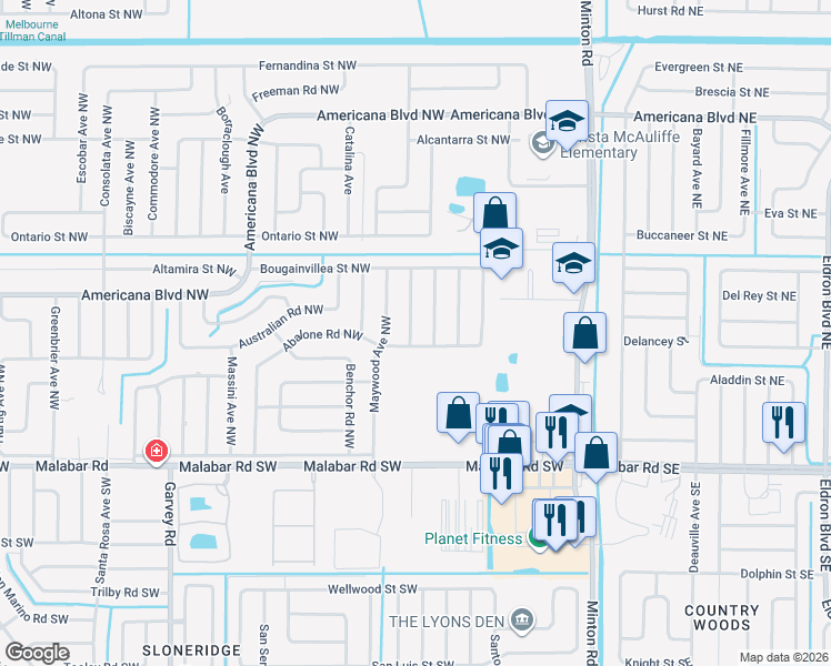 map of restaurants, bars, coffee shops, grocery stores, and more near 211 Mayport Avenue Northwest in Palm Bay
