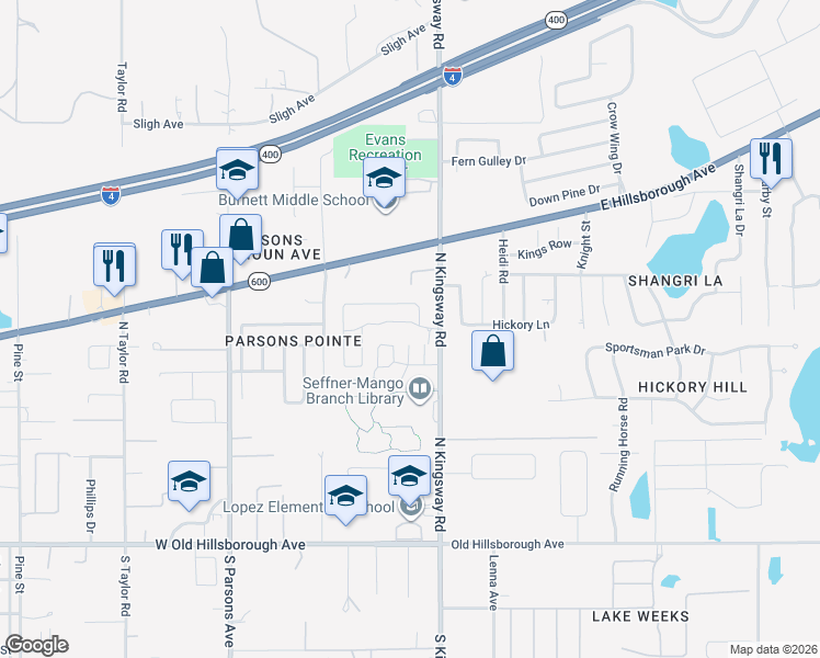 map of restaurants, bars, coffee shops, grocery stores, and more near 112 Alafara Street in Seffner