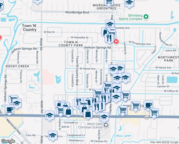 map of restaurants, bars, coffee shops, grocery stores, and more near 6029 West Paris Street in Town 'n' Country