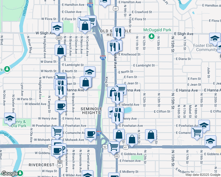 map of restaurants, bars, coffee shops, grocery stores, and more near 806 East Hanna Avenue in Tampa