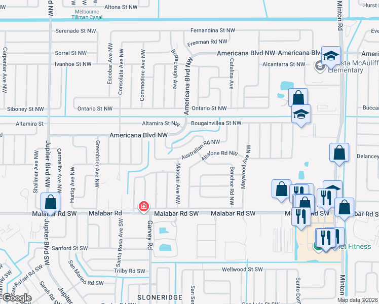 map of restaurants, bars, coffee shops, grocery stores, and more near 513 Australian Road Northwest in Palm Bay