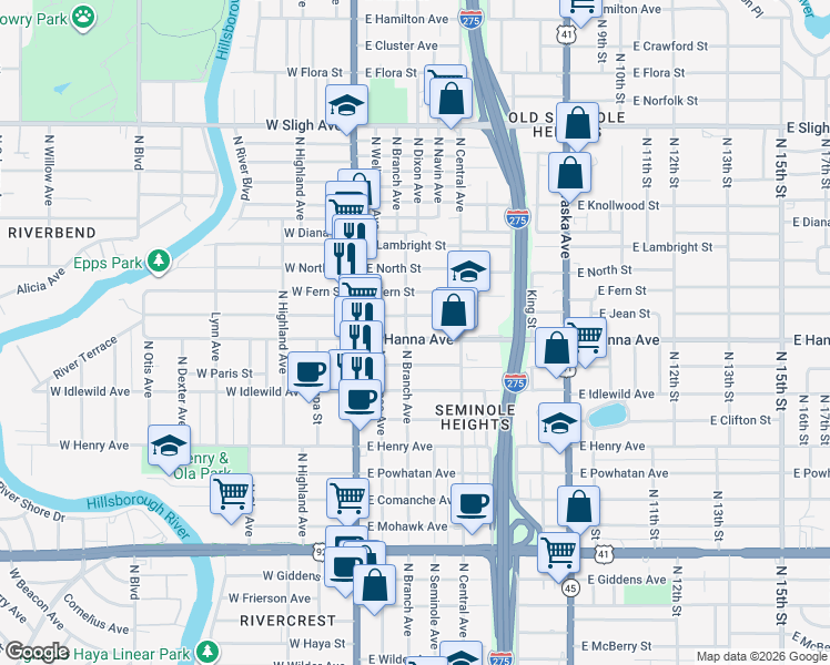 map of restaurants, bars, coffee shops, grocery stores, and more near 312 East Hanna Avenue in Tampa