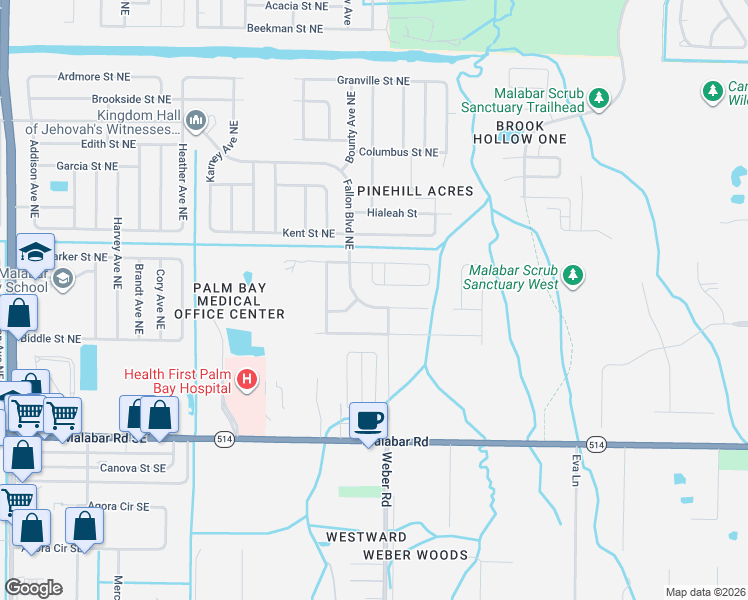 map of restaurants, bars, coffee shops, grocery stores, and more near 2407 Fallon Boulevard Northeast in Palm Bay