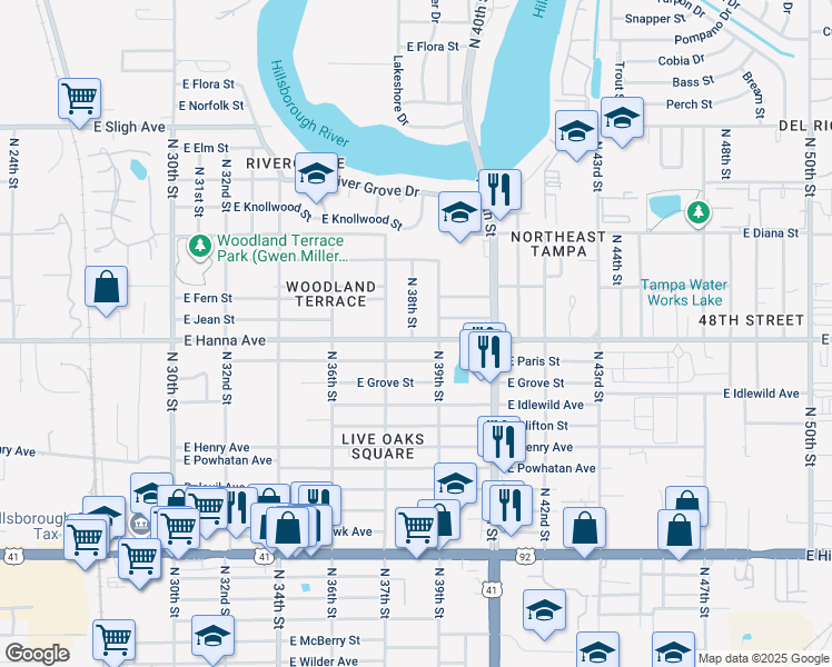 map of restaurants, bars, coffee shops, grocery stores, and more near 6202 North 38th Street in Tampa