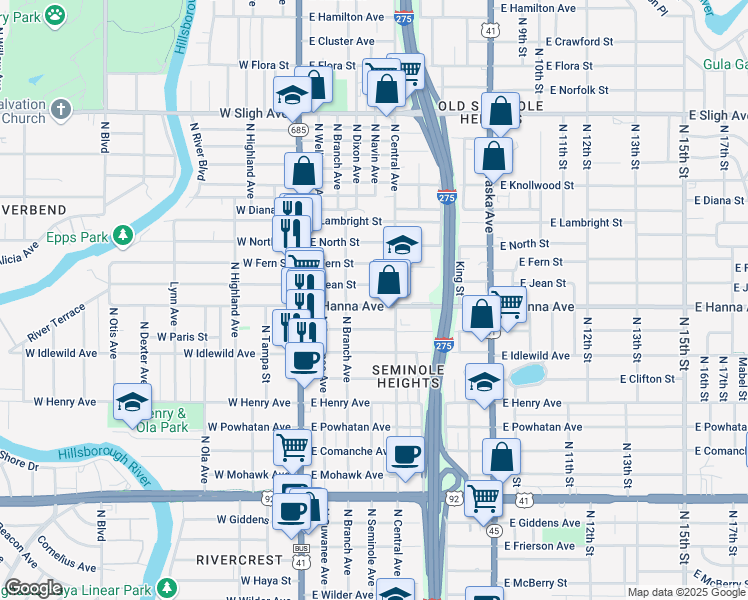 map of restaurants, bars, coffee shops, grocery stores, and more near 312 East Hanna Avenue in Tampa