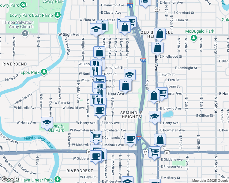 map of restaurants, bars, coffee shops, grocery stores, and more near 312 East Hanna Avenue in Tampa