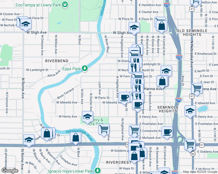 map of restaurants, bars, coffee shops, grocery stores, and more near 317 West Hanna Avenue in Tampa
