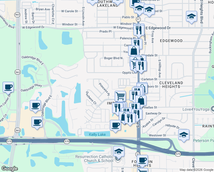 map of restaurants, bars, coffee shops, grocery stores, and more near 510 Queens Loop North in Lakeland