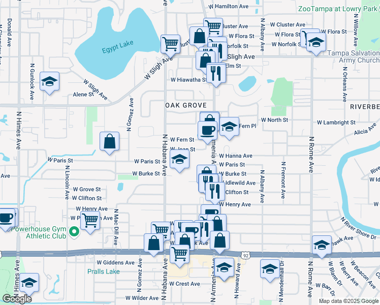 map of restaurants, bars, coffee shops, grocery stores, and more near 2520 West Jean Street in Tampa