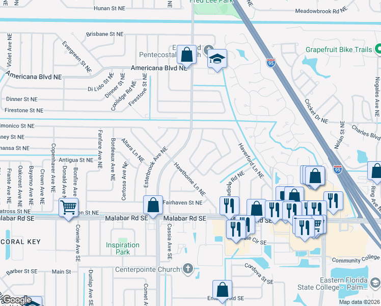 map of restaurants, bars, coffee shops, grocery stores, and more near 210 Silver Oak Road Northeast in Palm Bay