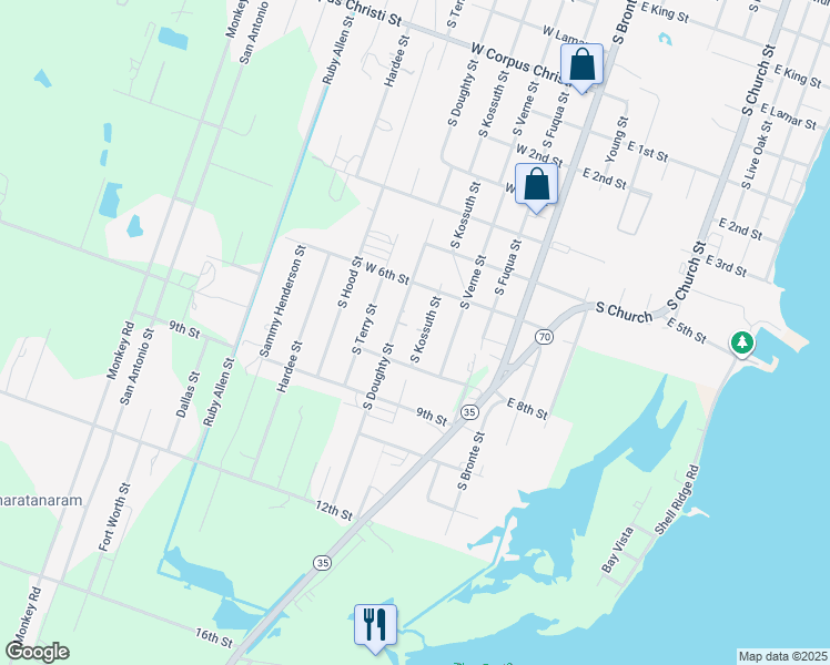 map of restaurants, bars, coffee shops, grocery stores, and more near 1603 South Kossuth Street in Rockport