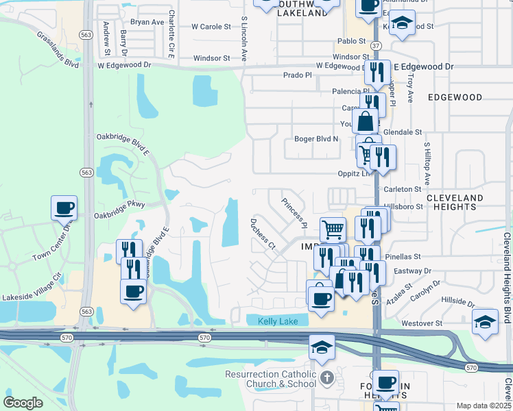 map of restaurants, bars, coffee shops, grocery stores, and more near 555 Duchess Court in Lakeland