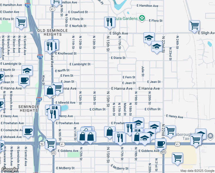 map of restaurants, bars, coffee shops, grocery stores, and more near 122 North 15th Street in Tampa