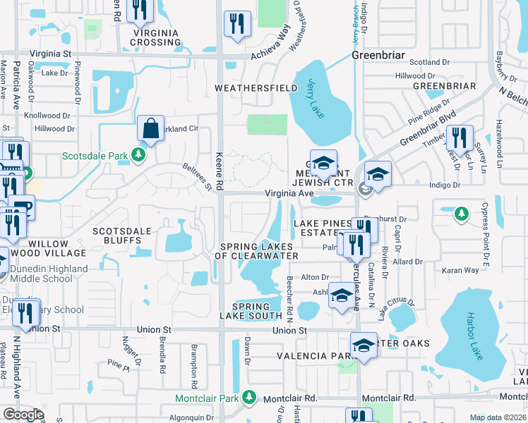 map of restaurants, bars, coffee shops, grocery stores, and more near 1870 Springbush Lane in Clearwater