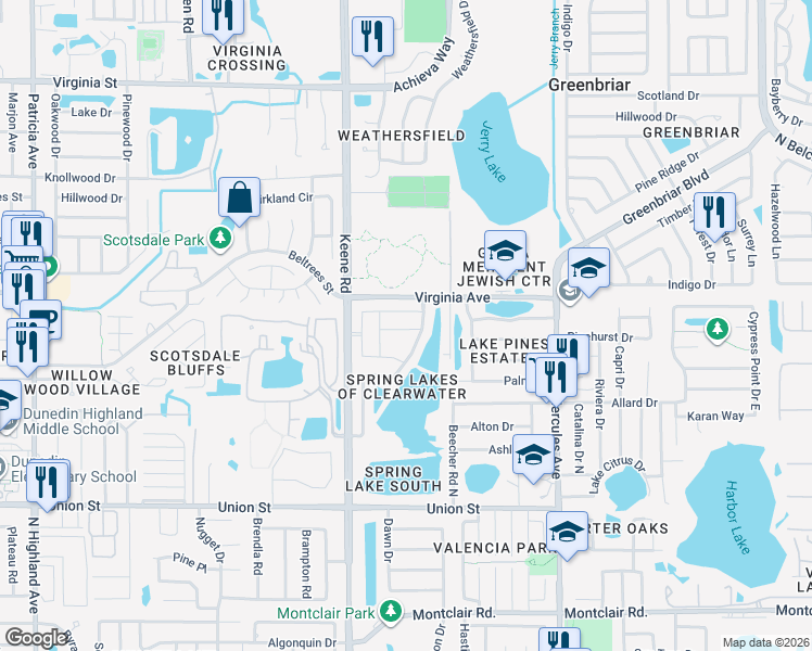 map of restaurants, bars, coffee shops, grocery stores, and more near 1870 Springbush Lane in Clearwater