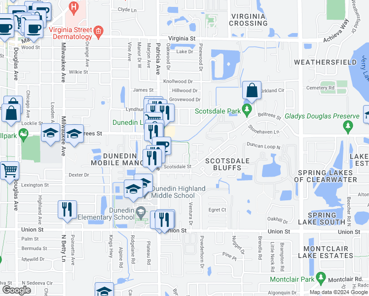 map of restaurants, bars, coffee shops, grocery stores, and more near 2401 Stirling Circle in Dunedin