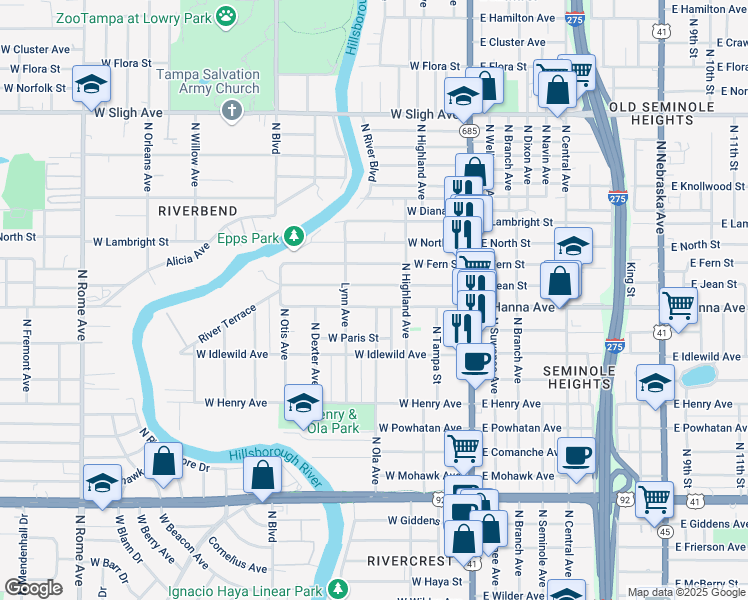 map of restaurants, bars, coffee shops, grocery stores, and more near 317 West Hanna Avenue in Tampa