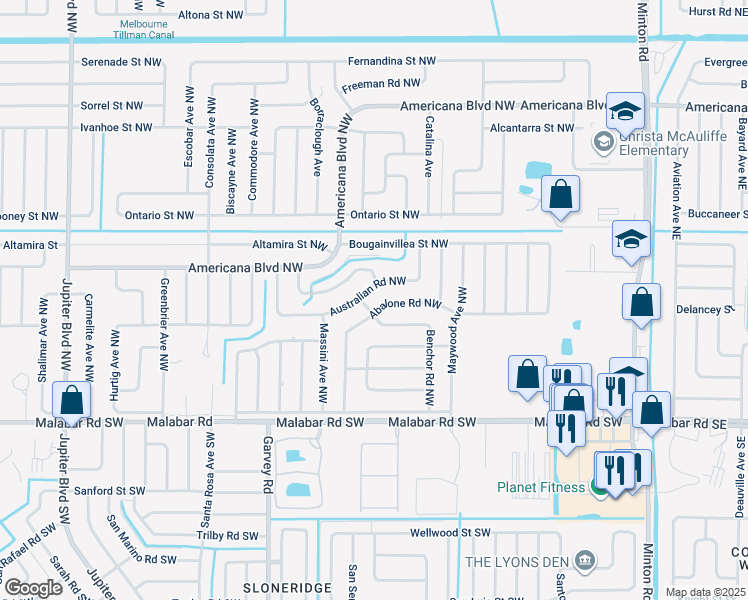 map of restaurants, bars, coffee shops, grocery stores, and more near 214 Abalone Road Northwest in Palm Bay