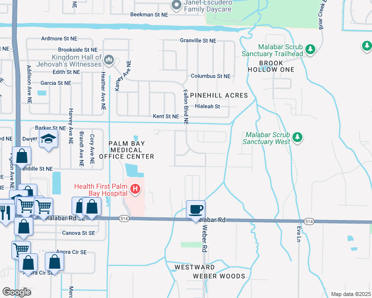 map of restaurants, bars, coffee shops, grocery stores, and more near 2197 Paoli Drive Northeast in Palm Bay
