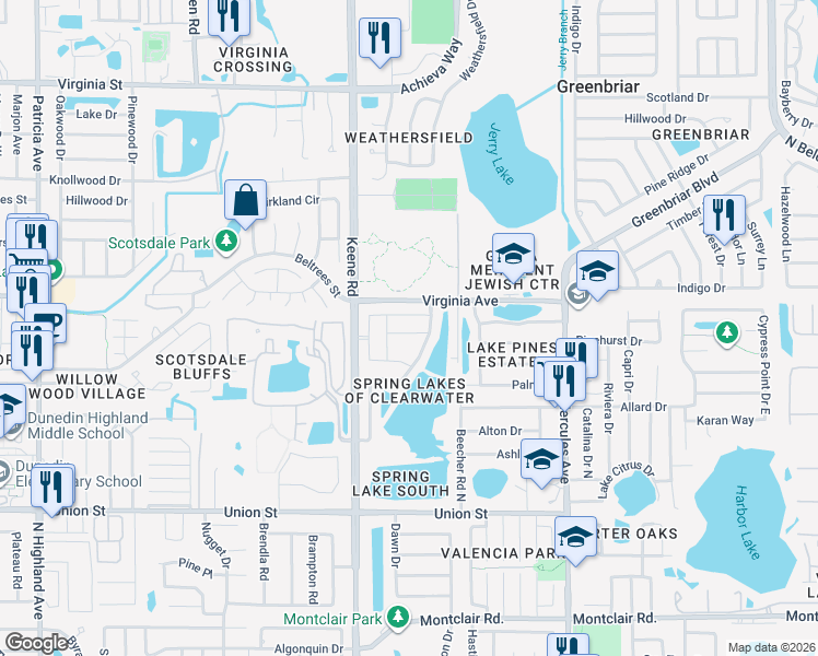 map of restaurants, bars, coffee shops, grocery stores, and more near 1870 Springbush Lane in Clearwater