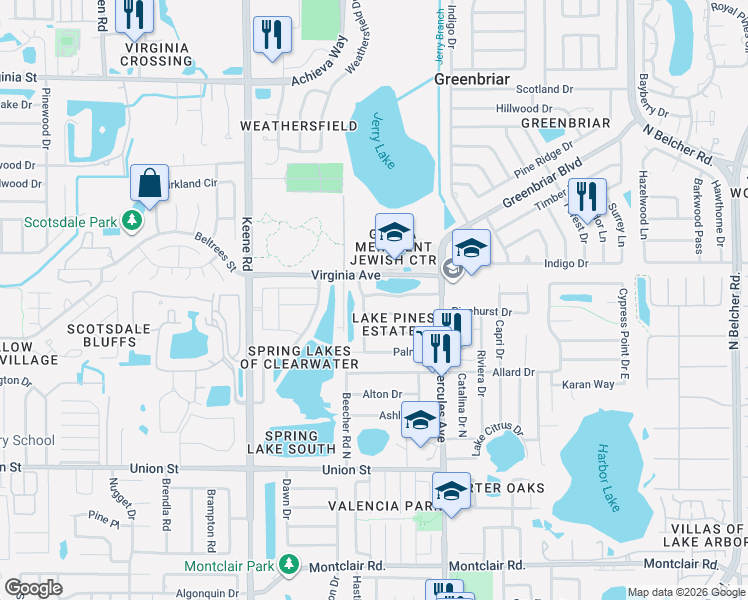 map of restaurants, bars, coffee shops, grocery stores, and more near 1907 Lakewood Drive in Clearwater