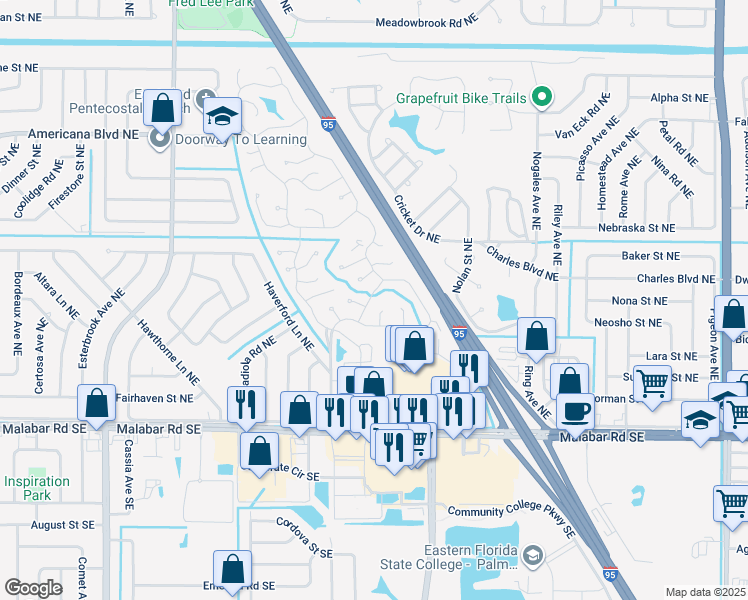 map of restaurants, bars, coffee shops, grocery stores, and more near 251 Blossom Lane in Palm Bay
