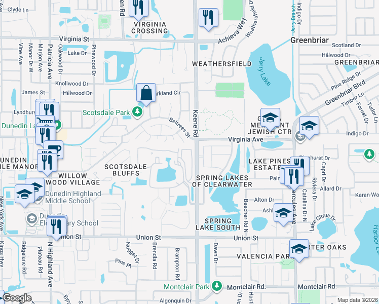 map of restaurants, bars, coffee shops, grocery stores, and more near 330 Promenade Drive in Dunedin