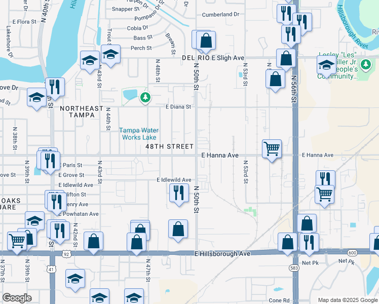 map of restaurants, bars, coffee shops, grocery stores, and more near 4912 East Hanna Avenue in Tampa