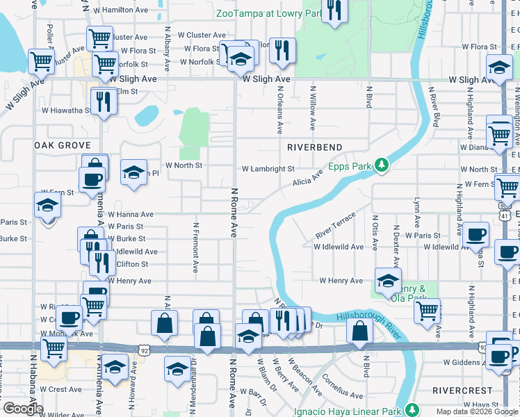 map of restaurants, bars, coffee shops, grocery stores, and more near 1522 Alicia Avenue in Tampa