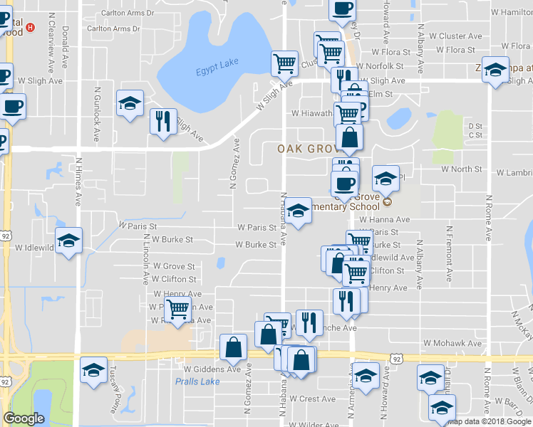 map of restaurants, bars, coffee shops, grocery stores, and more near 2910 West Jean Street in Tampa
