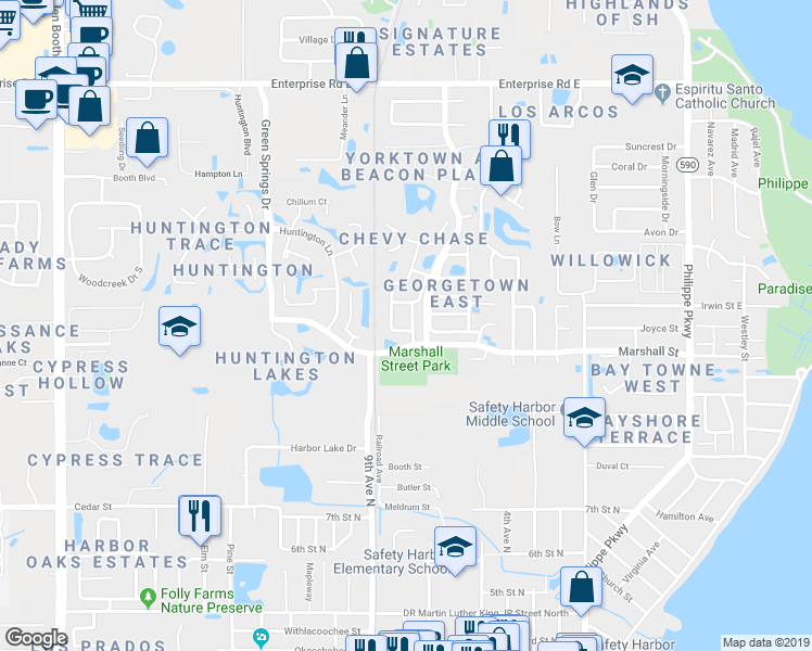 map of restaurants, bars, coffee shops, grocery stores, and more near 1103 Glenn Lane in Safety Harbor