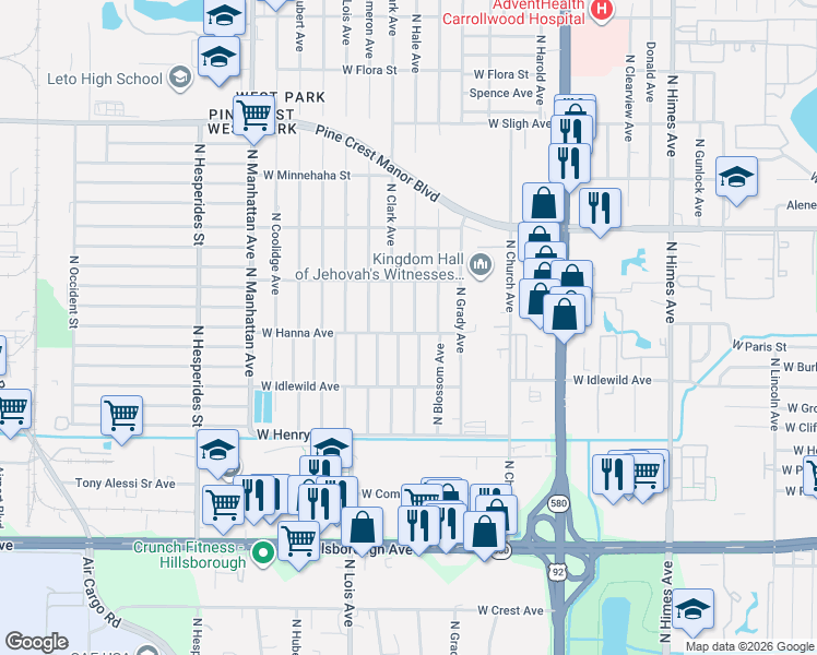 map of restaurants, bars, coffee shops, grocery stores, and more near 6201 North Hale Avenue in Tampa