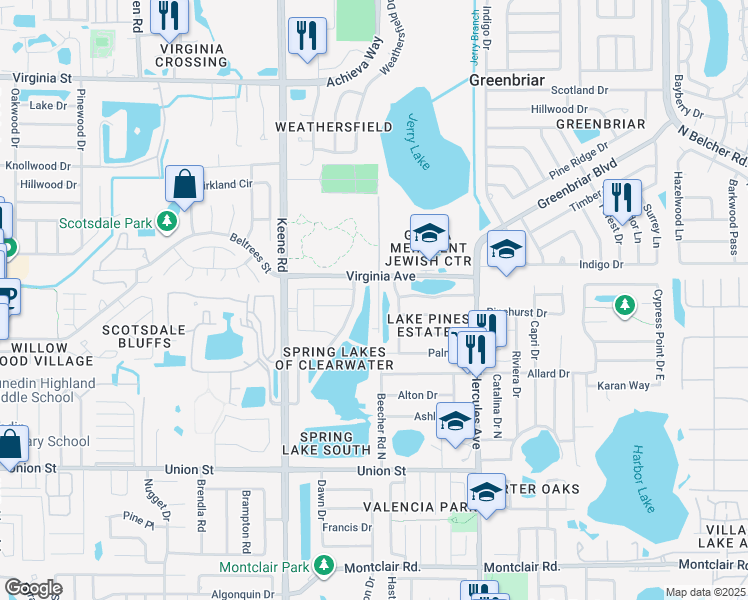 map of restaurants, bars, coffee shops, grocery stores, and more near 2246 Spring Lake Court in Clearwater