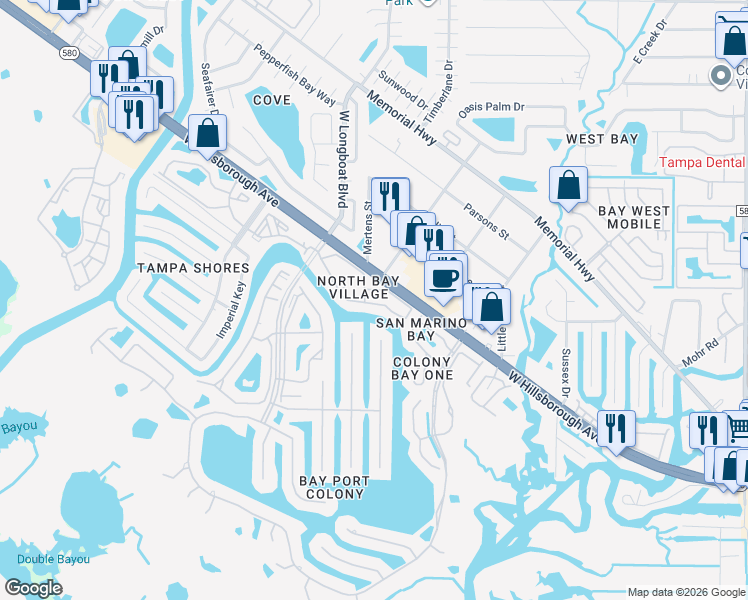 map of restaurants, bars, coffee shops, grocery stores, and more near 6320 Newtown Circle in Tampa