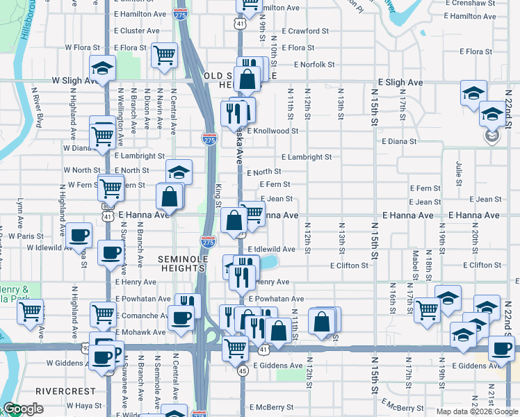 map of restaurants, bars, coffee shops, grocery stores, and more near 6202 North 9th Street in Tampa
