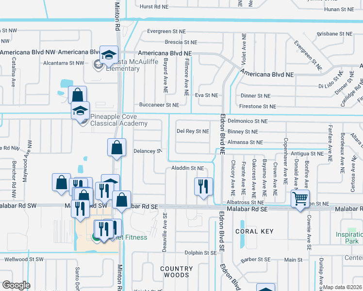 map of restaurants, bars, coffee shops, grocery stores, and more near 249 Croquet Avenue Northeast in Palm Bay