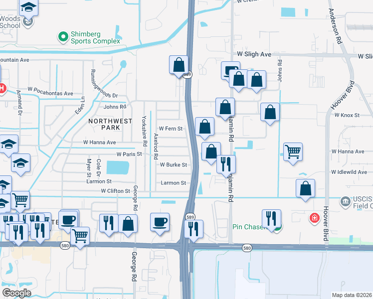 map of restaurants, bars, coffee shops, grocery stores, and more near 6007 West Paris Street in Tampa