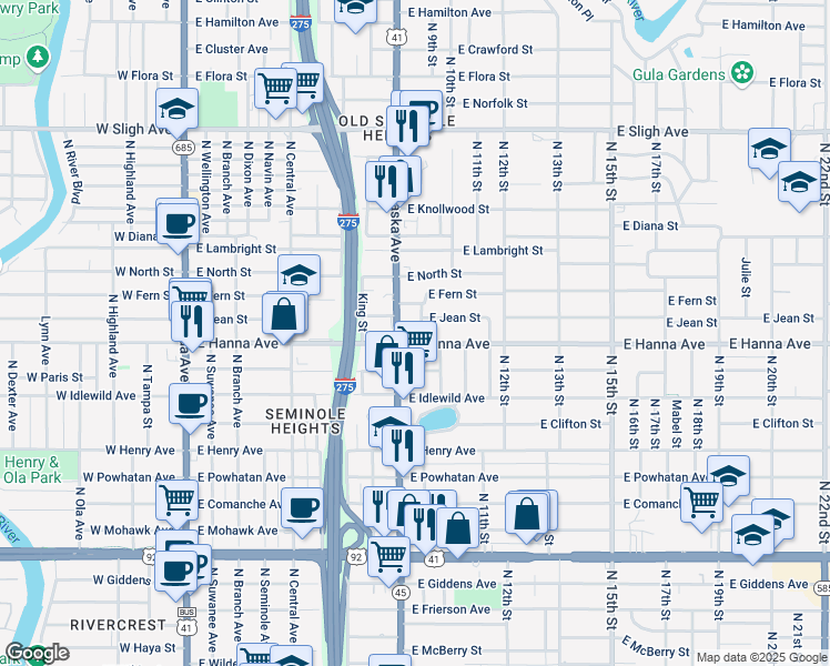 map of restaurants, bars, coffee shops, grocery stores, and more near 6202 North 9th Street in Tampa